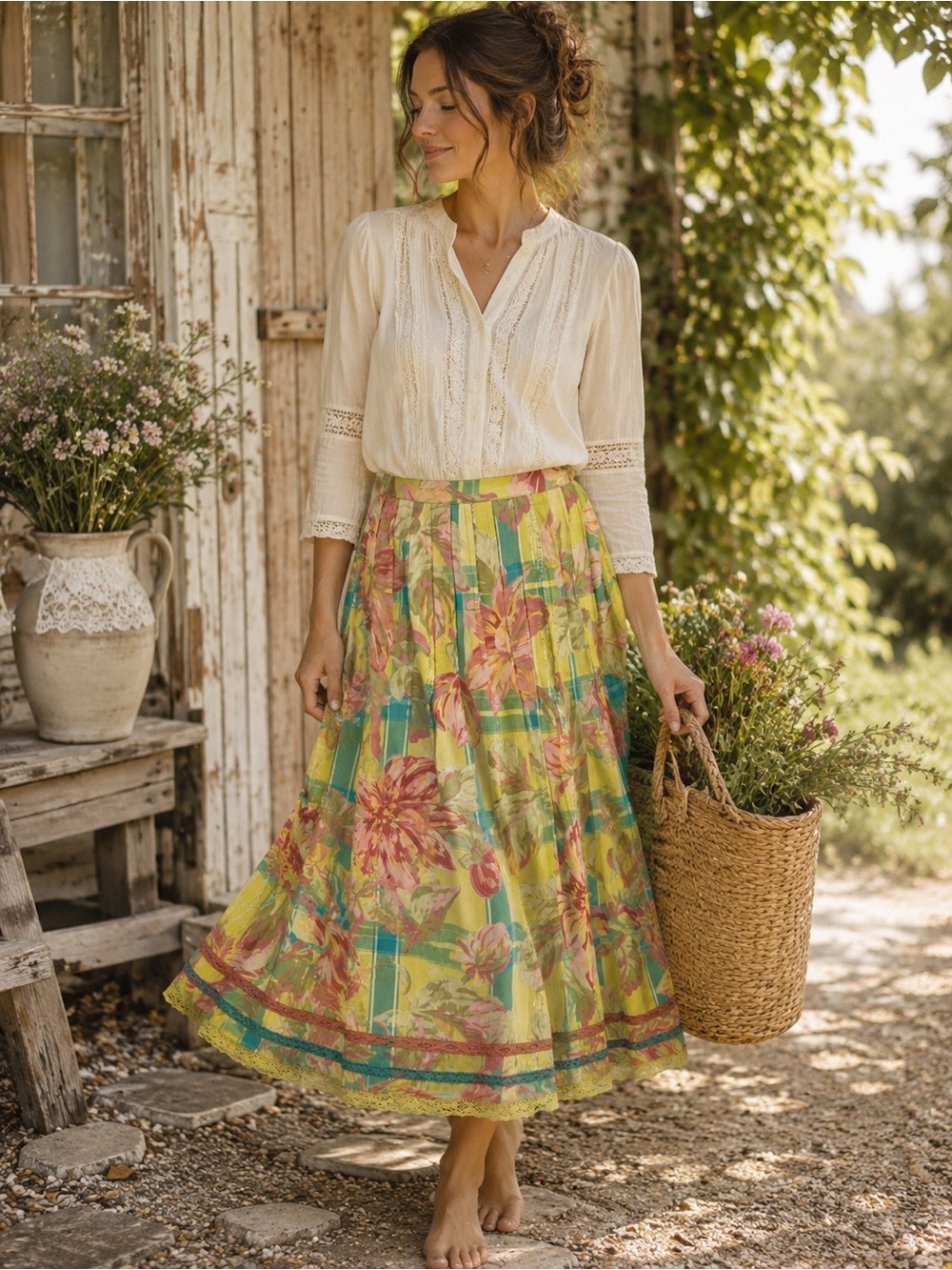 April Cornell Floral Cottagecore Midi Skirt | Boho Prairie Cotton Skirt Small - Picture 1 of 6